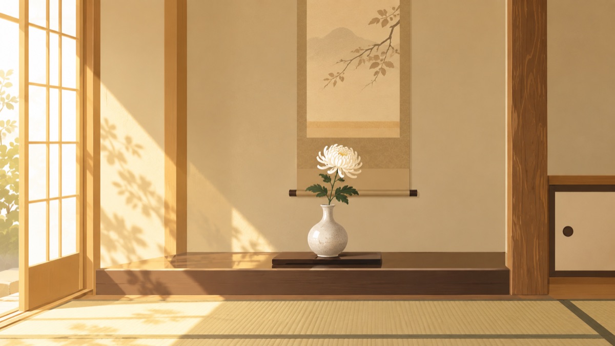 和室の床の間に花が生けられた静かな部屋