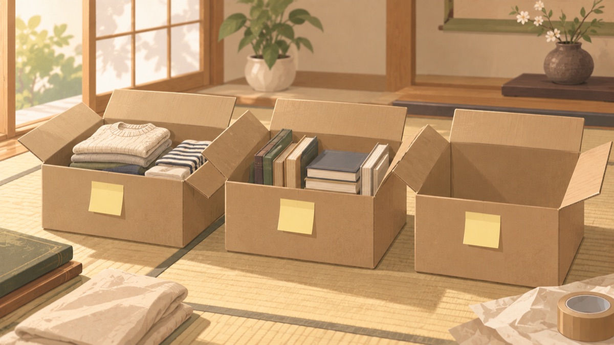 残す・迷う・手放すと分けた3つの箱のイラスト