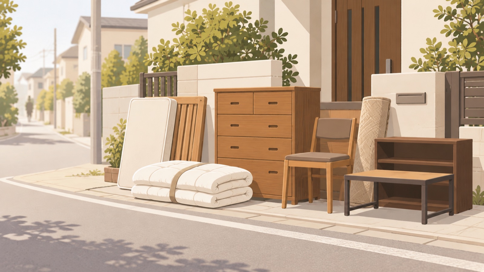 家の前に粗大ごみが収集を待って置かれた朝の住宅街のイラスト