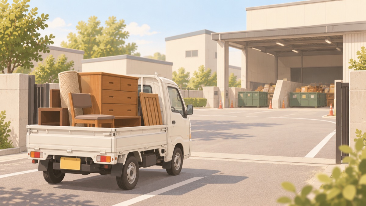 車に家具を積んで処理施設へ運ぶイラスト